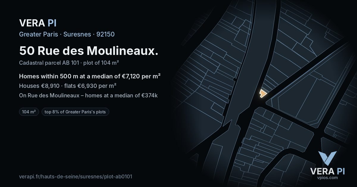 50 Rue des Moulineaux, Suresnes at night – the plot lit, the parcels around coloured by the prices near them