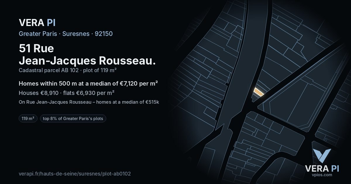 51 Rue Jean-Jacques Rousseau, Suresnes at night – the plot lit, the parcels around coloured by the prices near them