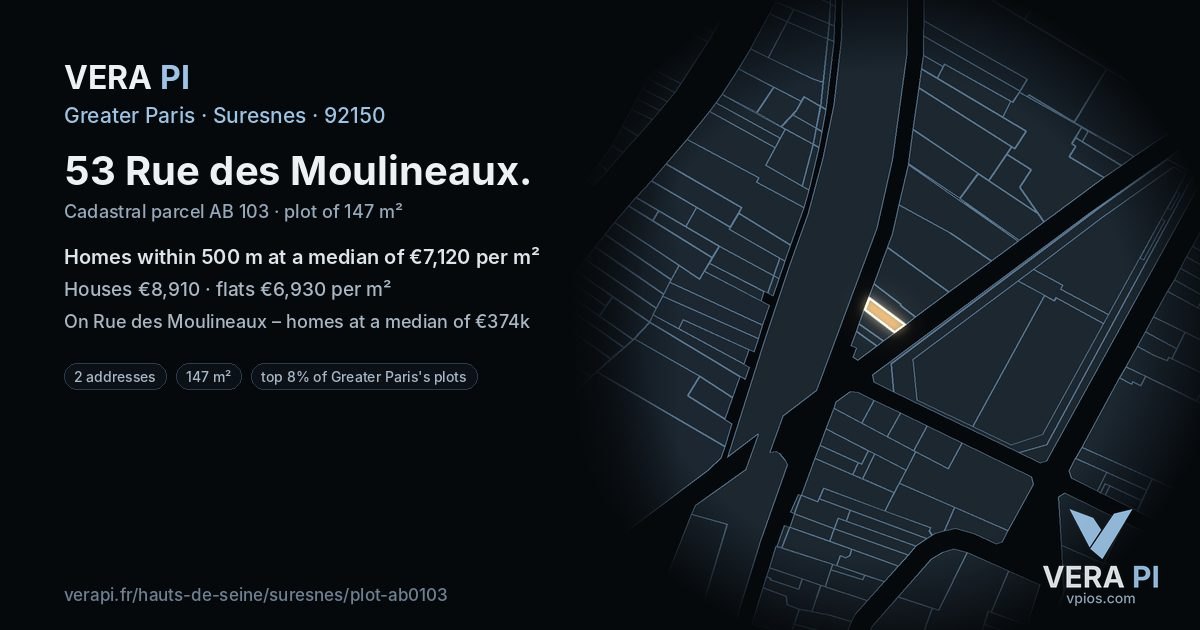 53 Rue des Moulineaux, Suresnes at night – the plot lit, the parcels around coloured by the prices near them