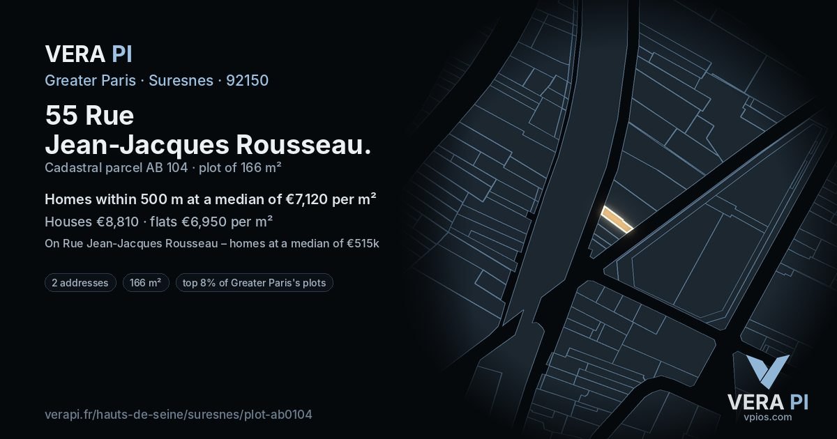 55 Rue Jean-Jacques Rousseau, Suresnes at night – the plot lit, the parcels around coloured by the prices near them