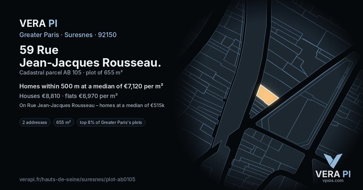 59 Rue Jean-Jacques Rousseau, Suresnes at night – the plot lit, the parcels around coloured by the prices near them