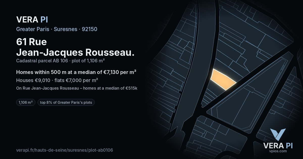61 Rue Jean-Jacques Rousseau, Suresnes at night – the plot lit, the parcels around coloured by the prices near them