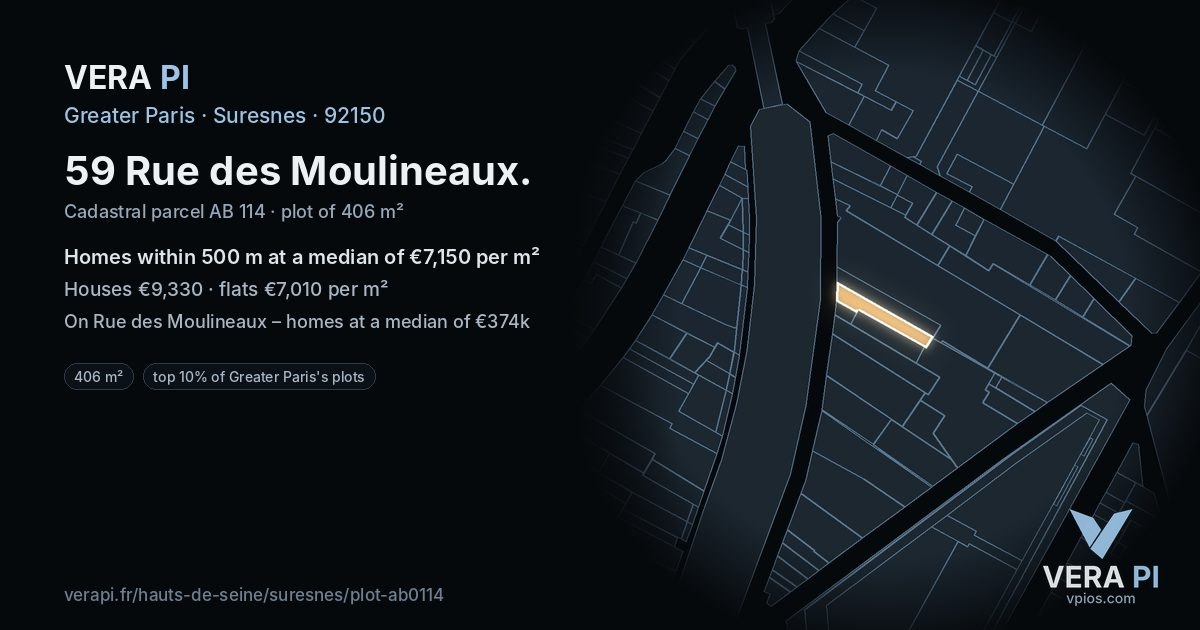 59 Rue des Moulineaux, Suresnes at night – the plot lit, the parcels around coloured by the prices near them