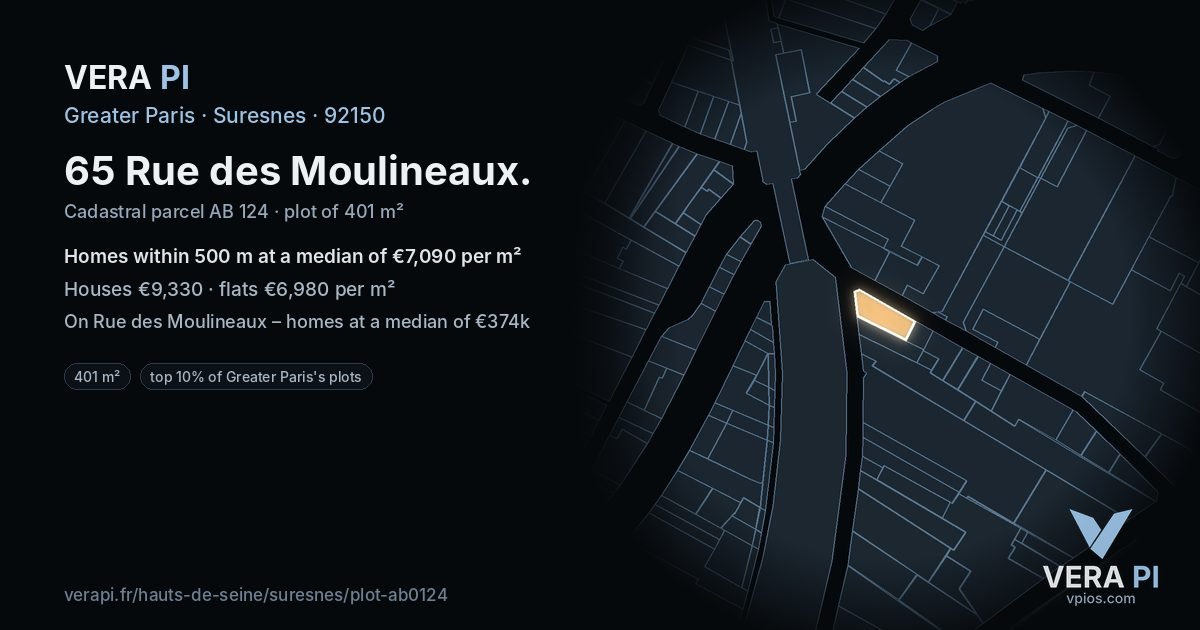 65 Rue des Moulineaux, Suresnes at night – the plot lit, the parcels around coloured by the prices near them