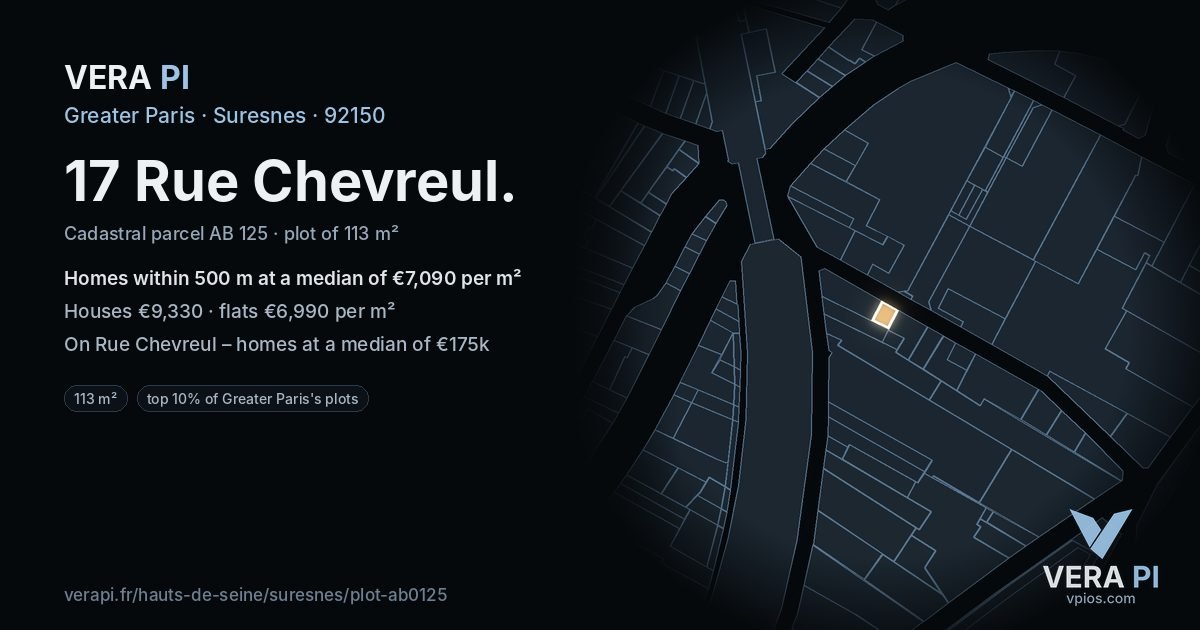 17 Rue Chevreul, Suresnes at night – the plot lit, the parcels around coloured by the prices near them