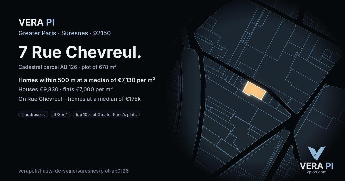 7 Rue Chevreul, Suresnes at night – the plot lit, the parcels around coloured by the prices near them