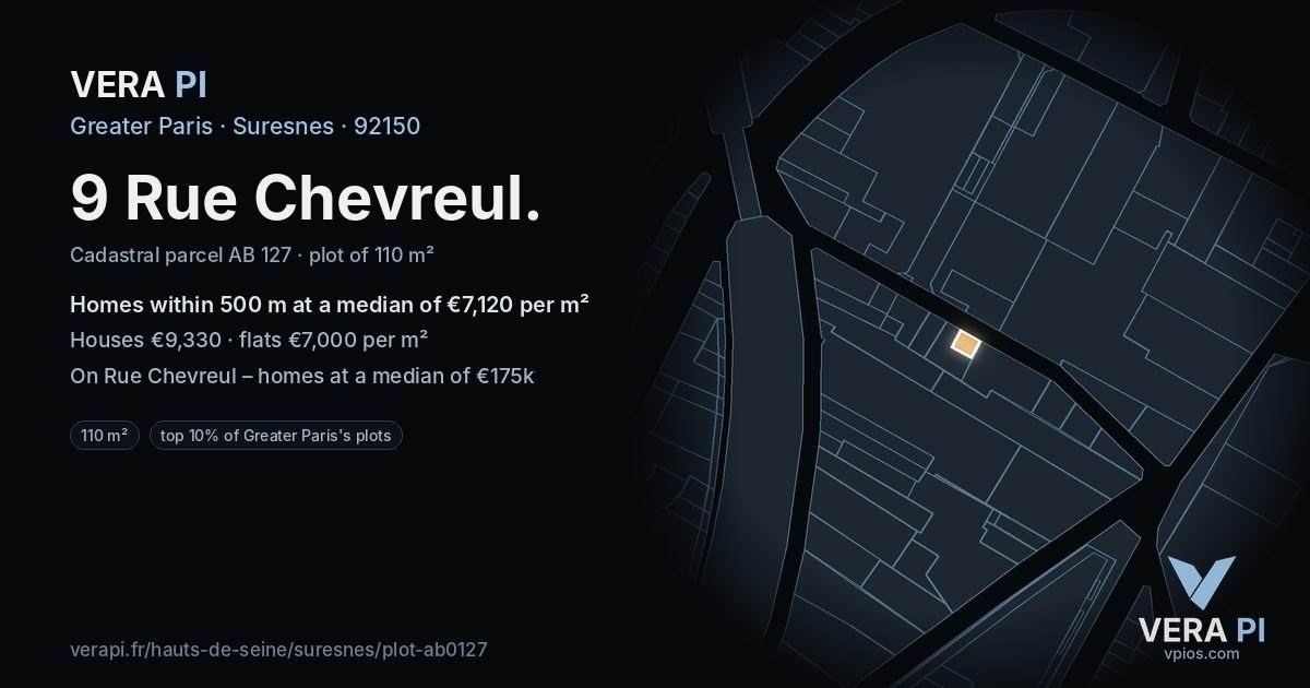 9 Rue Chevreul, Suresnes at night – the plot lit, the parcels around coloured by the prices near them