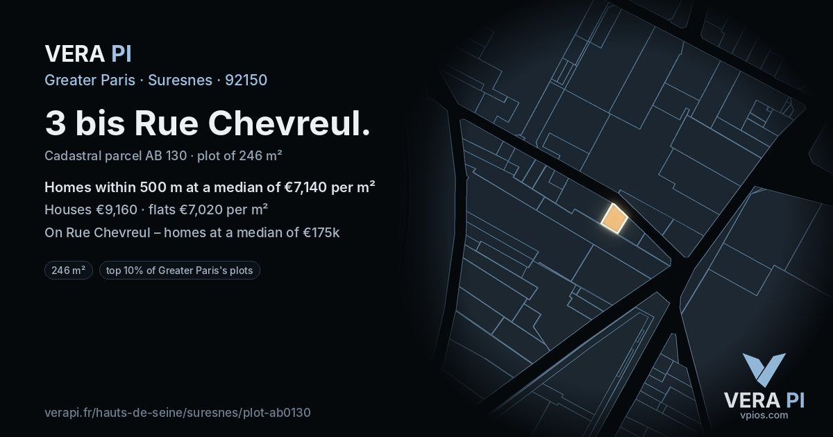 3 bis Rue Chevreul, Suresnes at night – the plot lit, the parcels around coloured by the prices near them