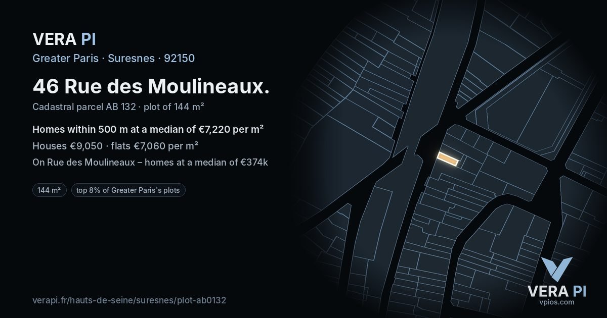 46 Rue des Moulineaux, Suresnes at night – the plot lit, the parcels around coloured by the prices near them