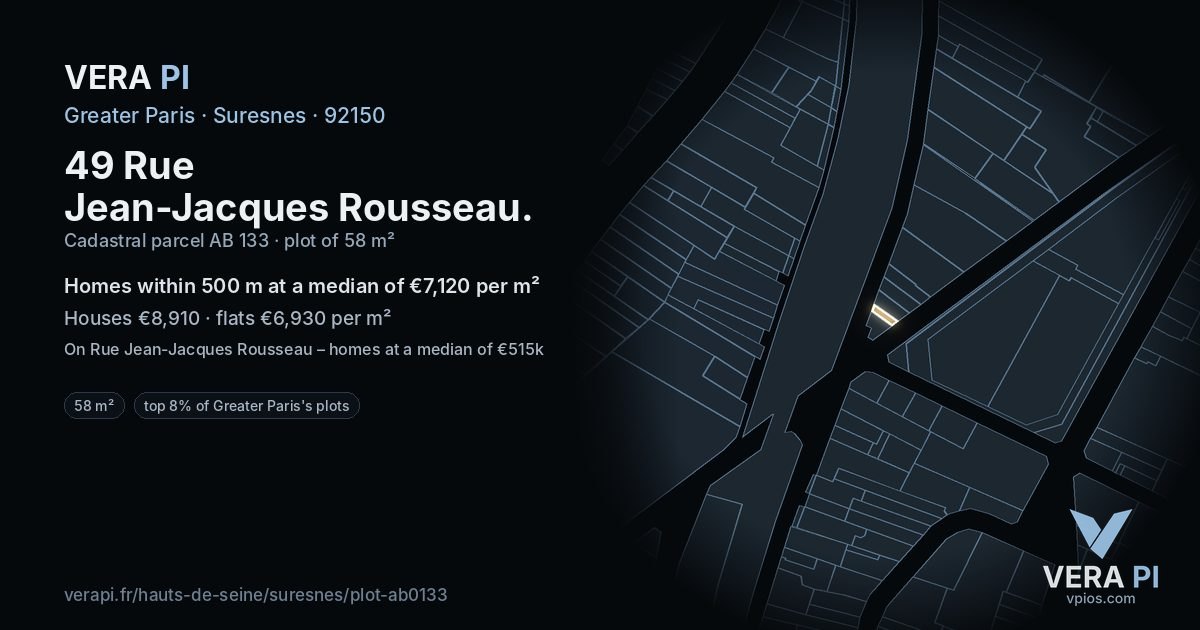 49 Rue Jean-Jacques Rousseau, Suresnes at night – the plot lit, the parcels around coloured by the prices near them