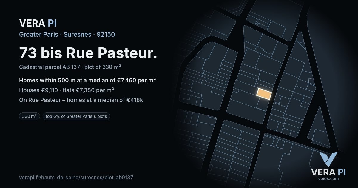 73 bis Rue Pasteur, Suresnes at night – the plot lit, the parcels around coloured by the prices near them