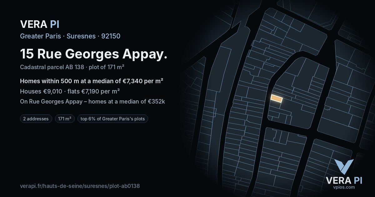 15 Rue Georges Appay, Suresnes at night – the plot lit, the parcels around coloured by the prices near them