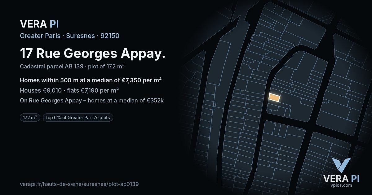 17 Rue Georges Appay, Suresnes at night – the plot lit, the parcels around coloured by the prices near them
