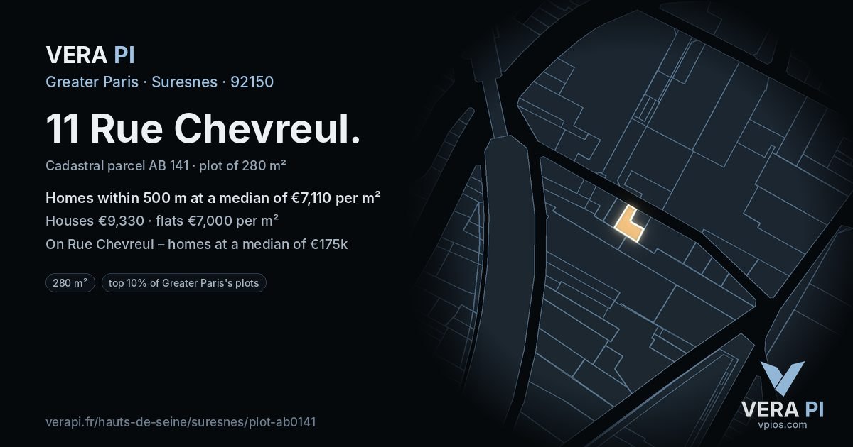 11 Rue Chevreul, Suresnes at night – the plot lit, the parcels around coloured by the prices near them