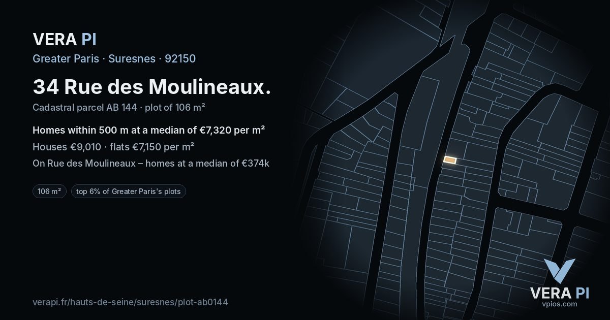 34 Rue des Moulineaux, Suresnes at night – the plot lit, the parcels around coloured by the prices near them