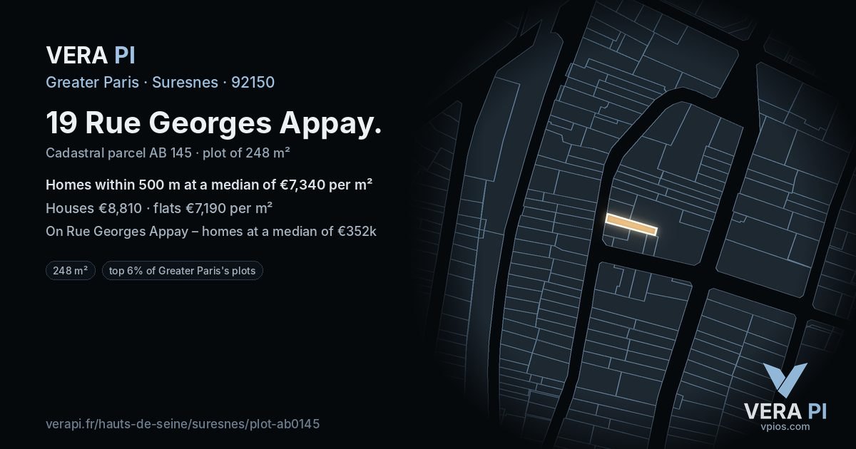 19 Rue Georges Appay, Suresnes at night – the plot lit, the parcels around coloured by the prices near them