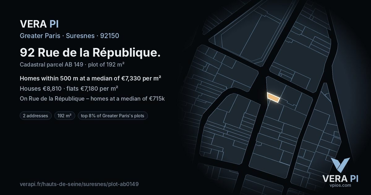 92 Rue de la République, Suresnes at night – the plot lit, the parcels around coloured by the prices near them