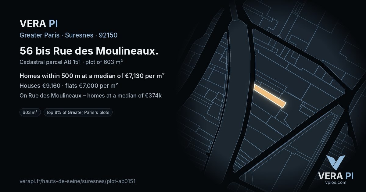56 bis Rue des Moulineaux, Suresnes at night – the plot lit, the parcels around coloured by the prices near them