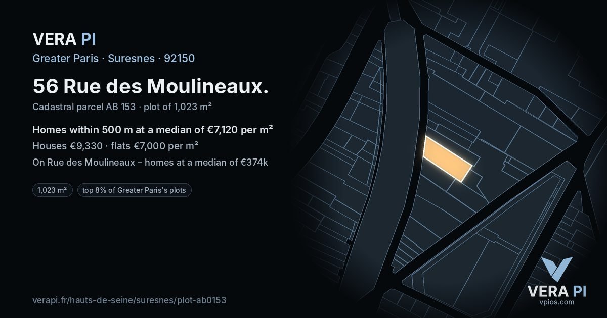 56 Rue des Moulineaux, Suresnes at night – the plot lit, the parcels around coloured by the prices near them