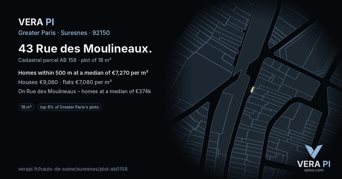 43 Rue des Moulineaux, Suresnes at night – the plot lit, the parcels around coloured by the prices near them