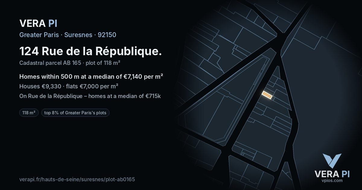 124 Rue de la République, Suresnes at night – the plot lit, the parcels around coloured by the prices near them