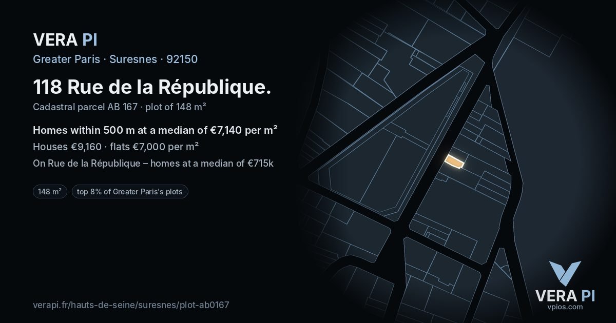 118 Rue de la République, Suresnes at night – the plot lit, the parcels around coloured by the prices near them