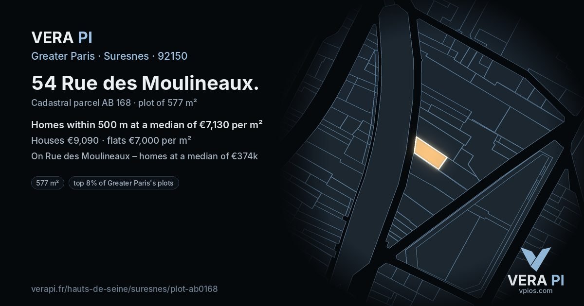 54 Rue des Moulineaux, Suresnes at night – the plot lit, the parcels around coloured by the prices near them