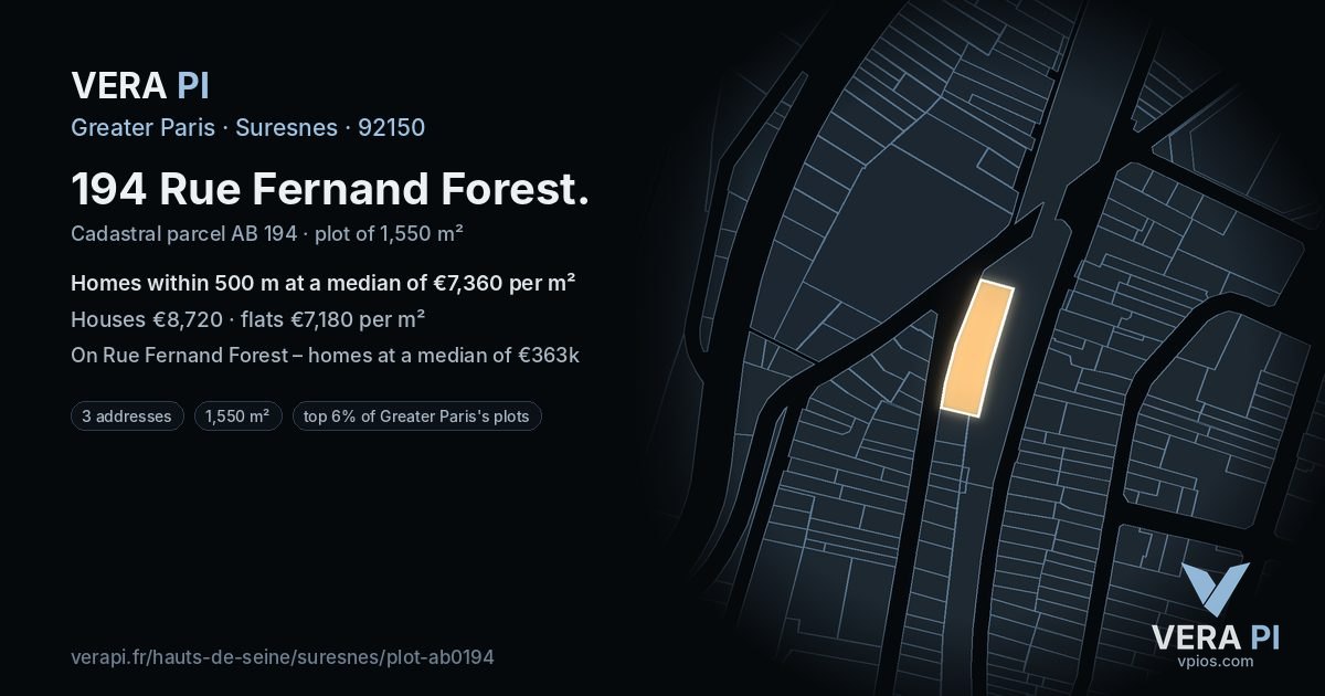 194 Rue Fernand Forest, Suresnes at night – the plot lit, the parcels around coloured by the prices near them