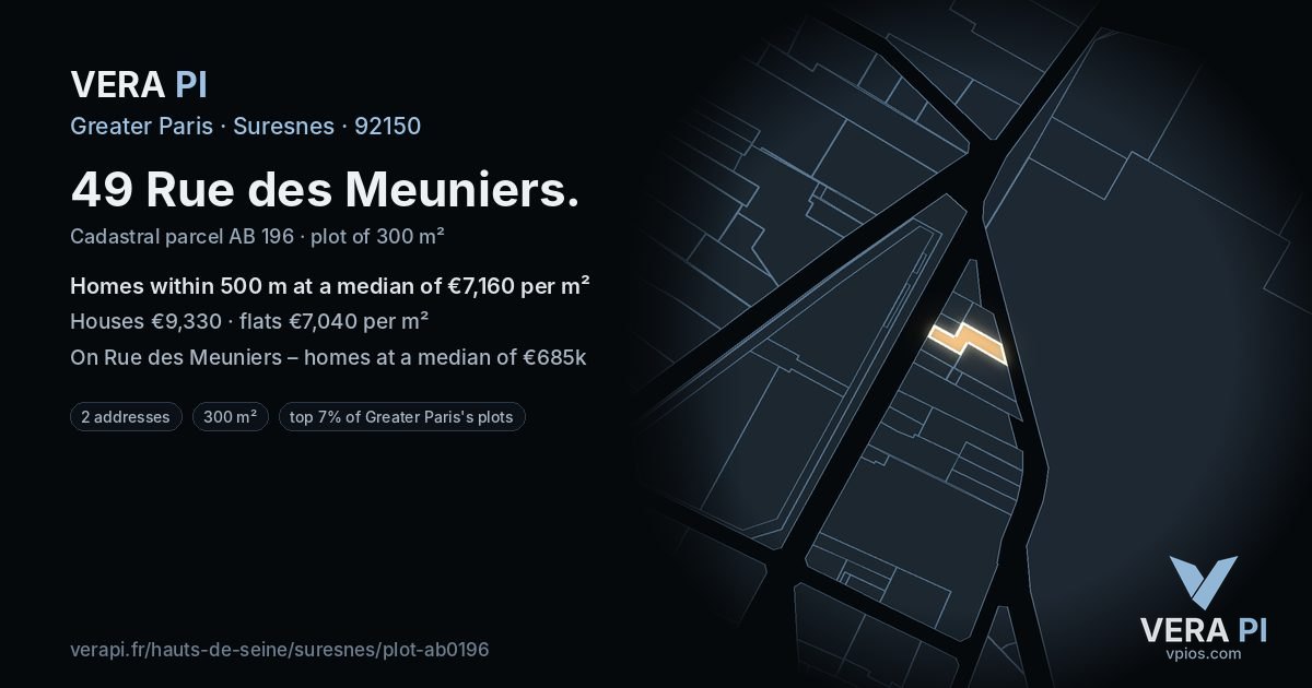 49 Rue des Meuniers, Suresnes at night – the plot lit, the parcels around coloured by the prices near them