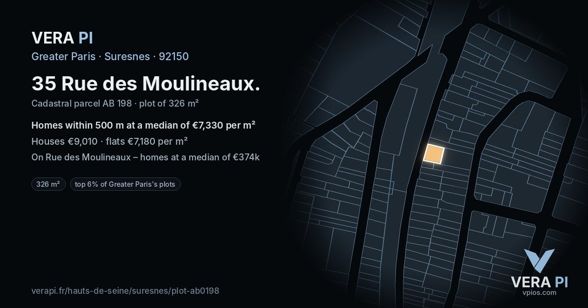 35 Rue des Moulineaux, Suresnes at night – the plot lit, the parcels around coloured by the prices near them