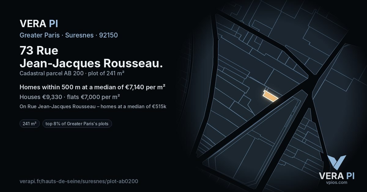 73 Rue Jean-Jacques Rousseau, Suresnes at night – the plot lit, the parcels around coloured by the prices near them