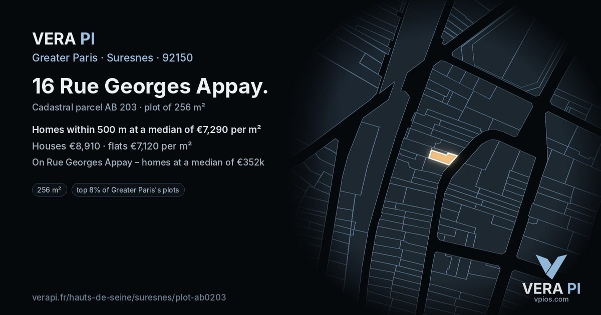 16 Rue Georges Appay, Suresnes at night – the plot lit, the parcels around coloured by the prices near them