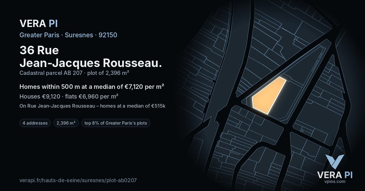 36 Rue Jean-Jacques Rousseau, Suresnes at night – the plot lit, the parcels around coloured by the prices near them