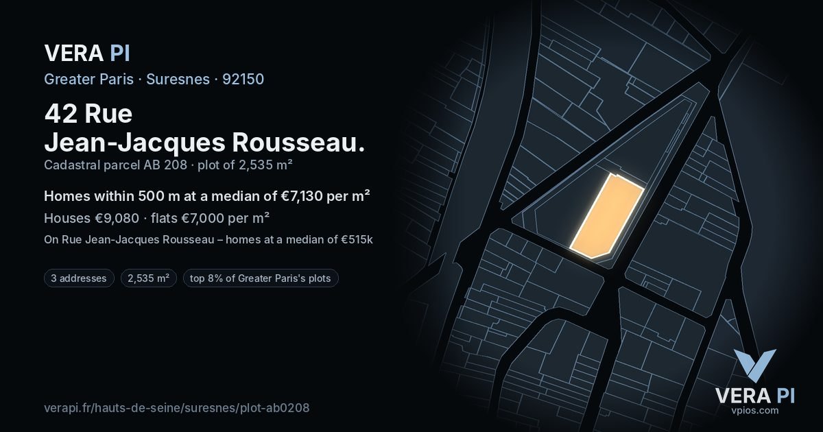 42 Rue Jean-Jacques Rousseau, Suresnes at night – the plot lit, the parcels around coloured by the prices near them