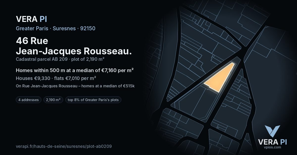 46 Rue Jean-Jacques Rousseau, Suresnes at night – the plot lit, the parcels around coloured by the prices near them