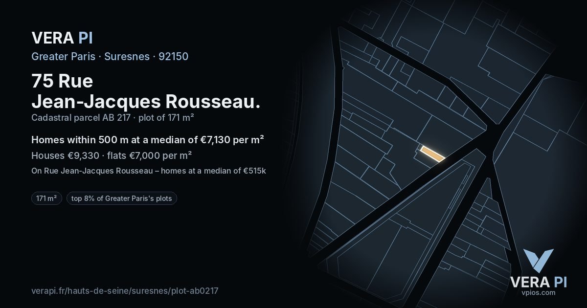 75 Rue Jean-Jacques Rousseau, Suresnes at night – the plot lit, the parcels around coloured by the prices near them