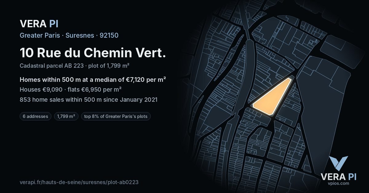 10 Rue du Chemin Vert, Suresnes at night – the plot lit, the parcels around coloured by the prices near them