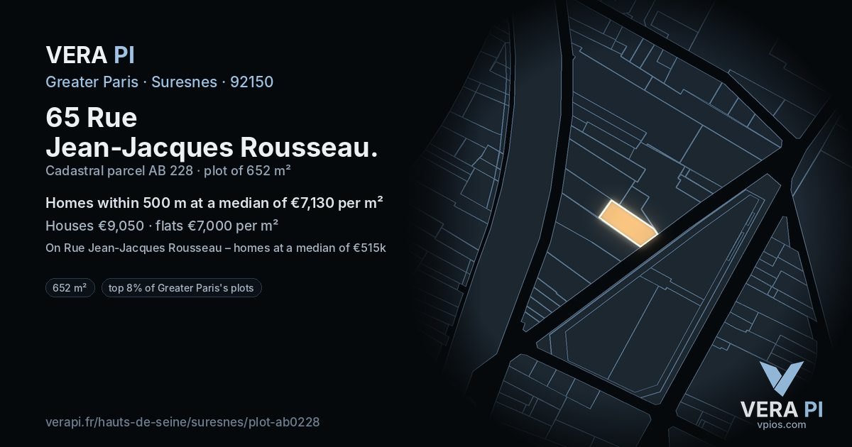 65 Rue Jean-Jacques Rousseau, Suresnes at night – the plot lit, the parcels around coloured by the prices near them