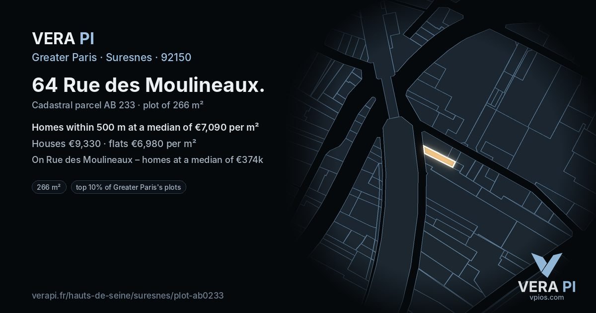 64 Rue des Moulineaux, Suresnes at night – the plot lit, the parcels around coloured by the prices near them