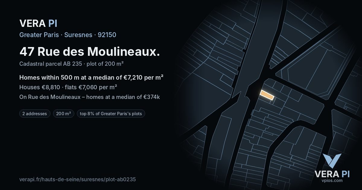 47 Rue des Moulineaux, Suresnes at night – the plot lit, the parcels around coloured by the prices near them