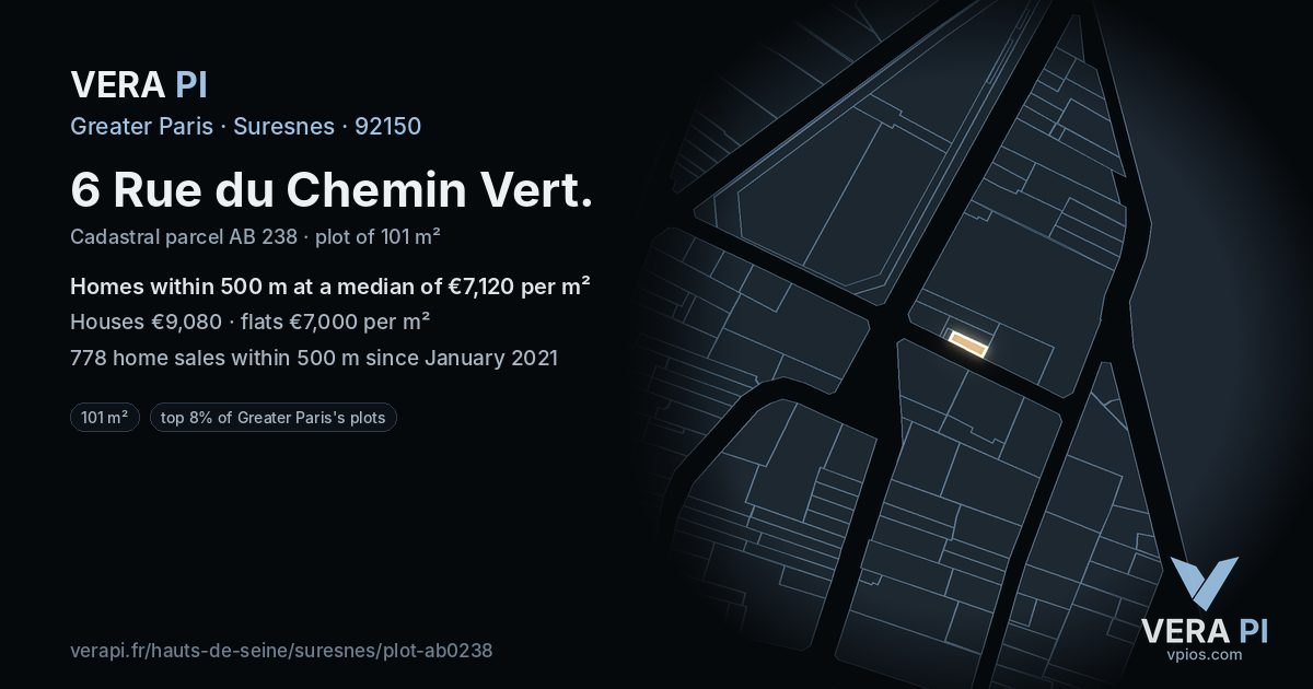 6 Rue du Chemin Vert, Suresnes at night – the plot lit, the parcels around coloured by the prices near them