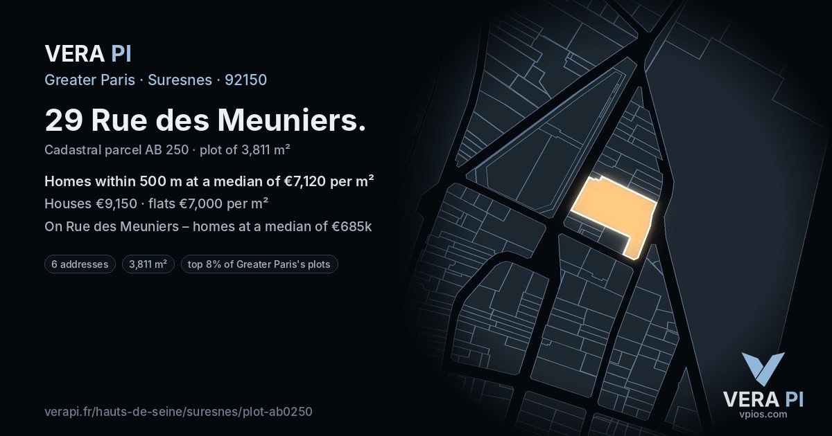 29 Rue des Meuniers, Suresnes at night – the plot lit, the parcels around coloured by the prices near them