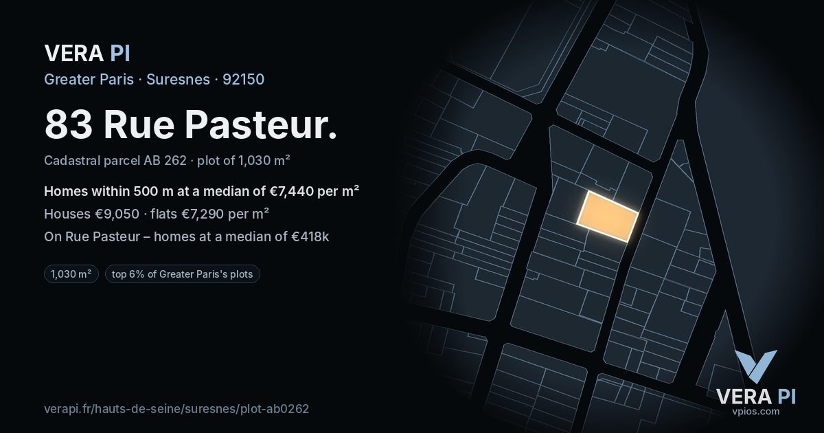 83 Rue Pasteur, Suresnes at night – the plot lit, the parcels around coloured by the prices near them