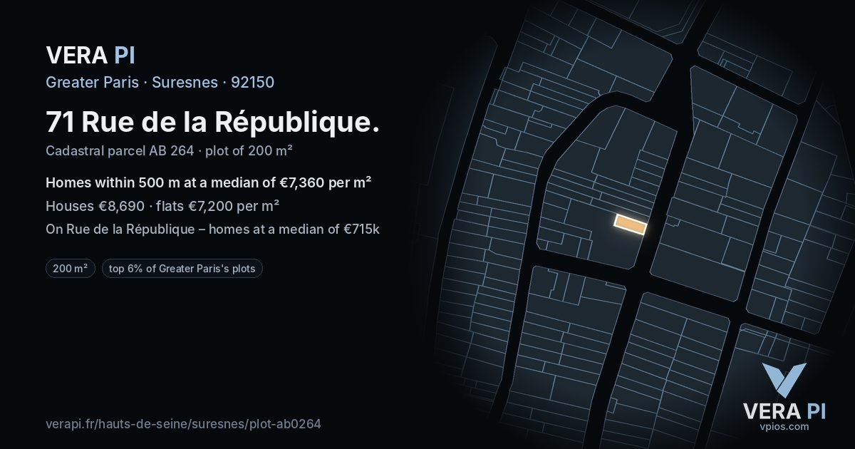 71 Rue de la République, Suresnes at night – the plot lit, the parcels around coloured by the prices near them