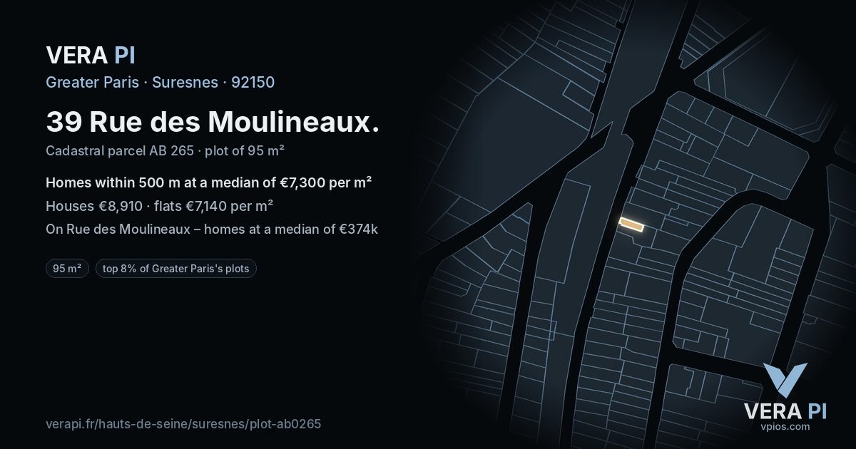 39 Rue des Moulineaux, Suresnes at night – the plot lit, the parcels around coloured by the prices near them