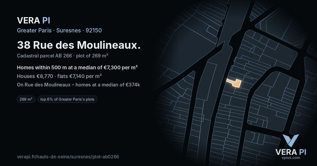 38 Rue des Moulineaux, Suresnes at night – the plot lit, the parcels around coloured by the prices near them
