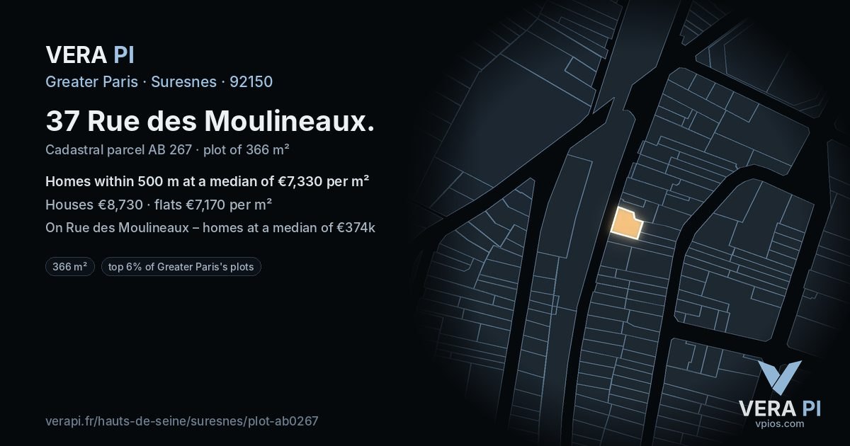 37 Rue des Moulineaux, Suresnes at night – the plot lit, the parcels around coloured by the prices near them