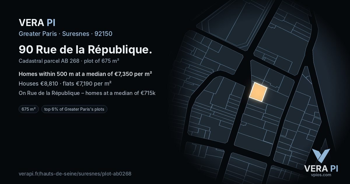 90 Rue de la République, Suresnes at night – the plot lit, the parcels around coloured by the prices near them