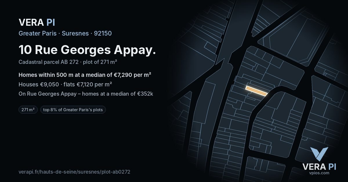 10 Rue Georges Appay, Suresnes at night – the plot lit, the parcels around coloured by the prices near them