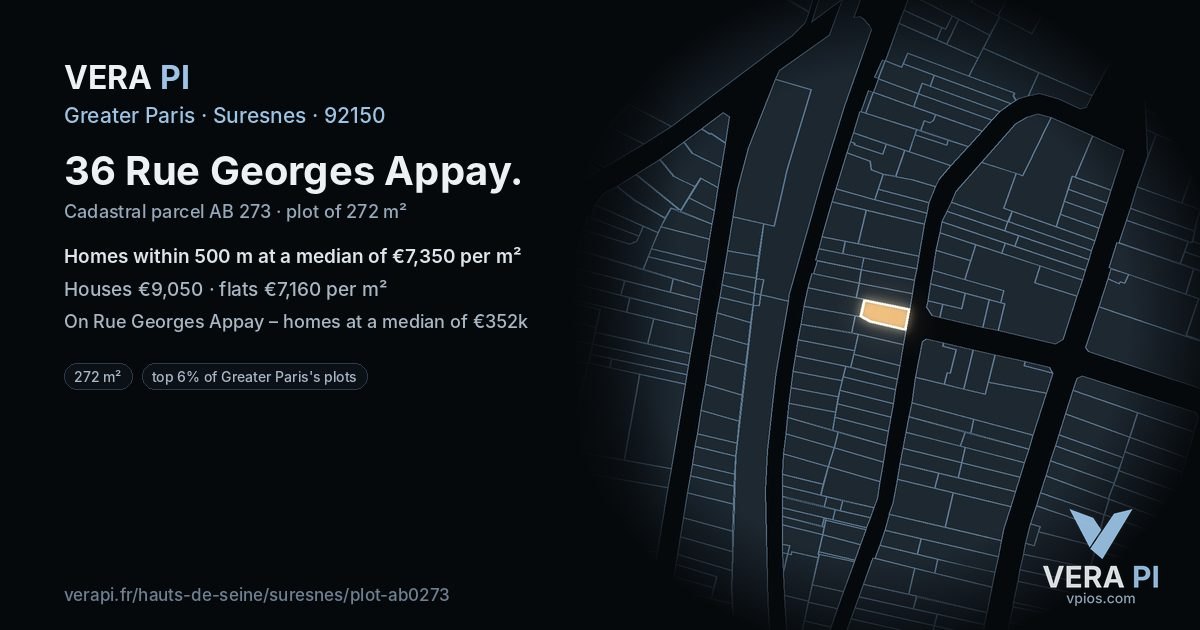 36 Rue Georges Appay, Suresnes at night – the plot lit, the parcels around coloured by the prices near them